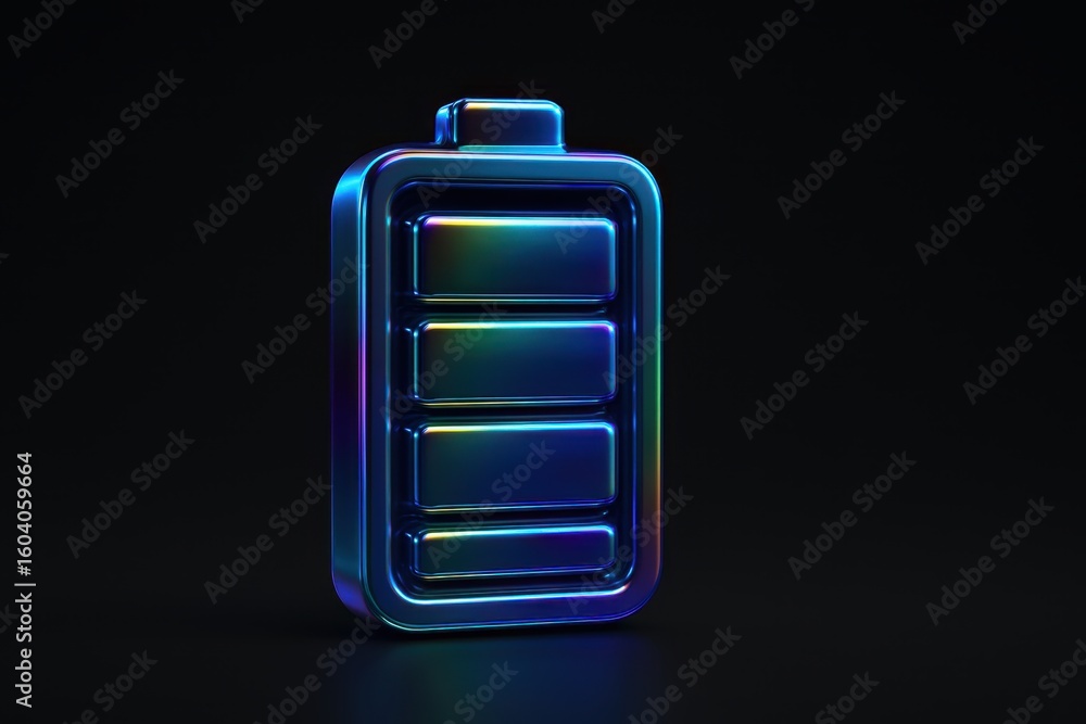 Poster colorful metallic battery icon with three sections displaying charge level against a black backgroun