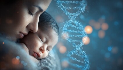 Noninvasive prenatal testing, or NIPT, is depicted in a heartwarming closeup of a woman with her sleeping baby, all against a serene light blue background