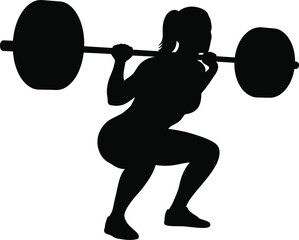 Silhouette of a woman doing a barbell squat exercise for strength and fitness training