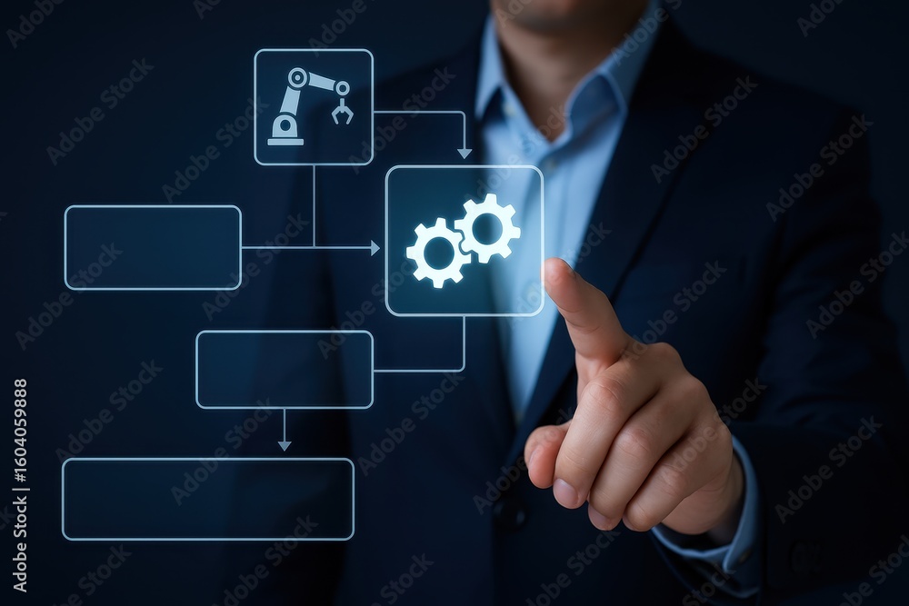 Poster businessman interacting with futuristic automation interface featuring robotic arm, gears, and flowc