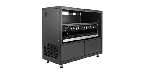 Obraz premium A retro boombox with electronic components isolated on white, showcasing vintage audio technology alongside a computer power supply