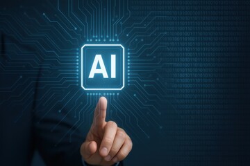 Hand Touching Digital AI Circuit Board Button in Futuristic Technology Concept with Binary Code Background