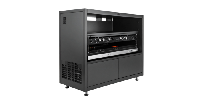 A retro boombox with electronic components isolated on white, showcasing vintage audio technology alongside a computer power supply