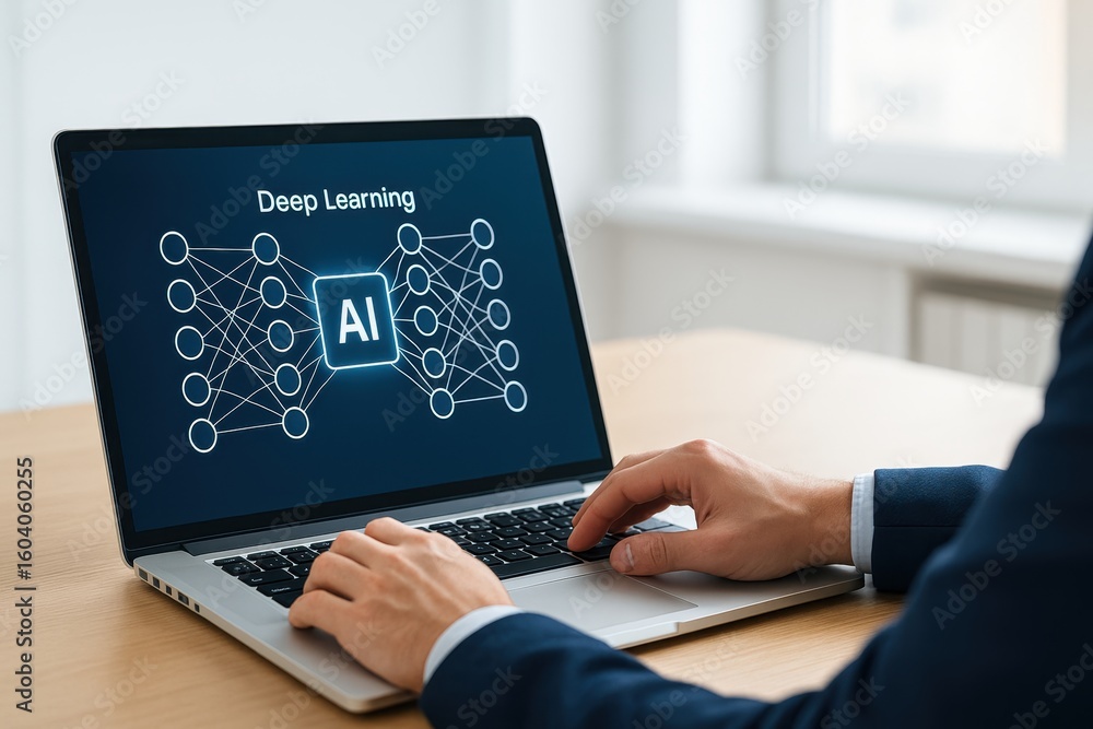 Poster conceptual visualization of deep learning process on laptop screen with ai focus and professional ha