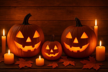 Obraz premium Halloween pumpkins and candles with autumn leaves on wood, warm orange horizontal spooky background