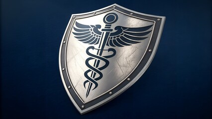 Silver shield with caduceus symbol and wings on dark blue background