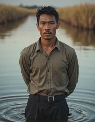 Fototapeta premium Wild rice harvester standing in water, gathering grains in autumn wetland