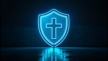 Obraz premium Glowing neon blue shield with christian cross symbol on dark reflective surface