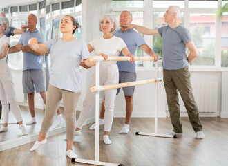 Naklejka premium Male choreographer teaches elderly ballet lovers to keep their heads straight during a ballet lesson