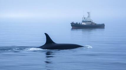 Fototapeta premium An orca glides through calm waters while a fishing boat floats nearby in the fog.