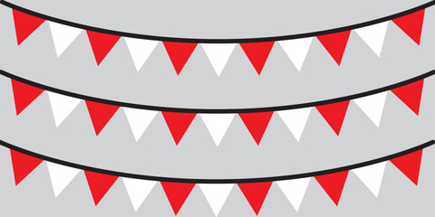 Obraz premium Bunting flags, carnival party flags, white and red festive pennants hanging on a rope. Festival vector decoration. EPS 10.