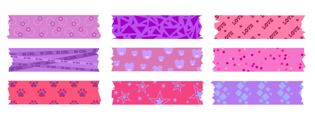 Pink and purple scrapbook tape set with cute patterns - geometric shapes, hearts with love text, circles and dots, paw prints and stars, bears. Cute washi strips for journaling, planner decoration © klyaksun