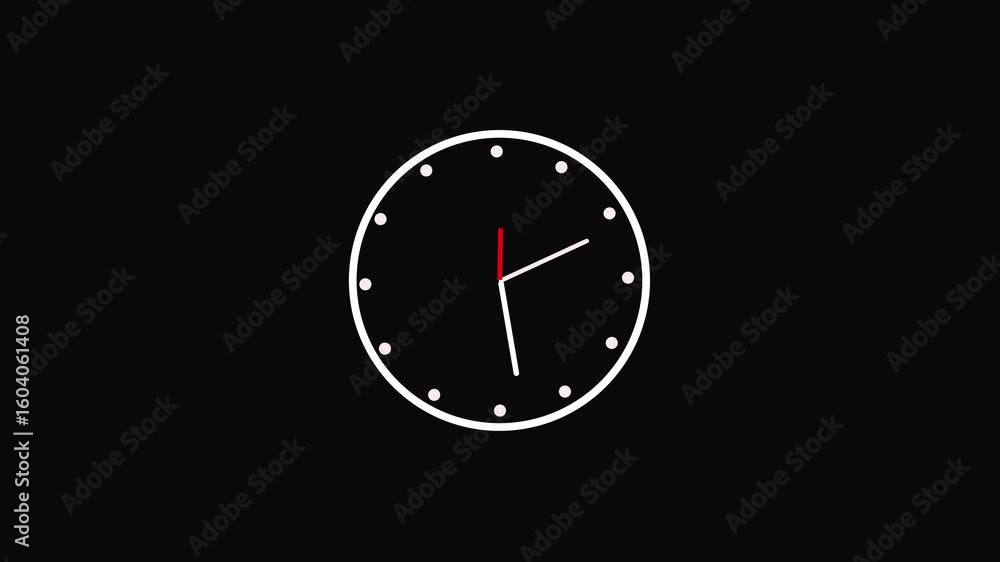 Poster wall clock animation with moving hands on a dark black background. seamless loop for time, schedule,