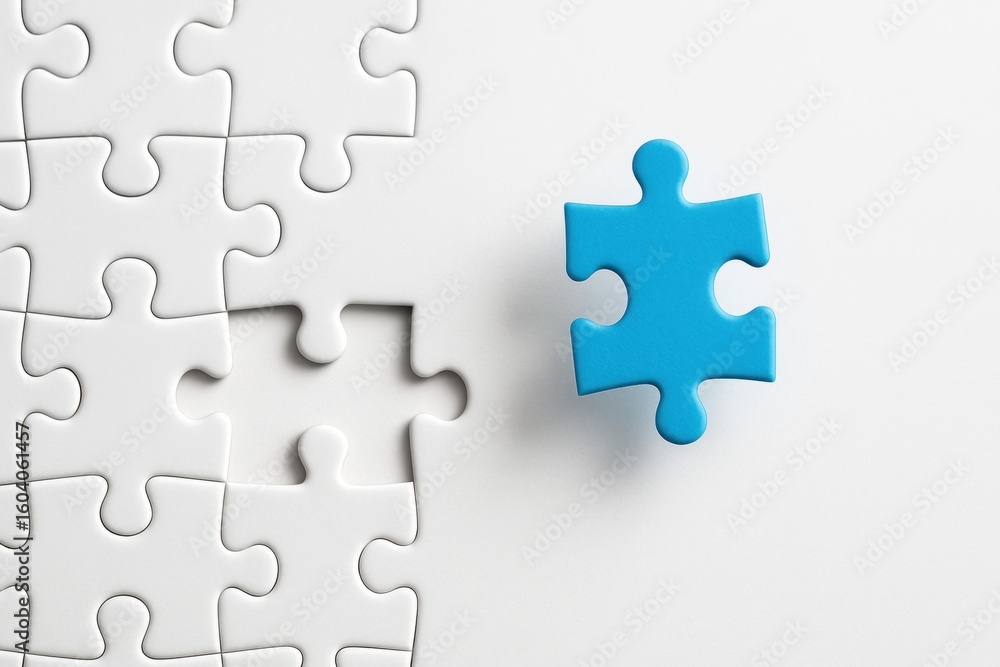 Poster blue puzzle piece about to fit into a blank spot in a white puzzle on a light background, symbolizin