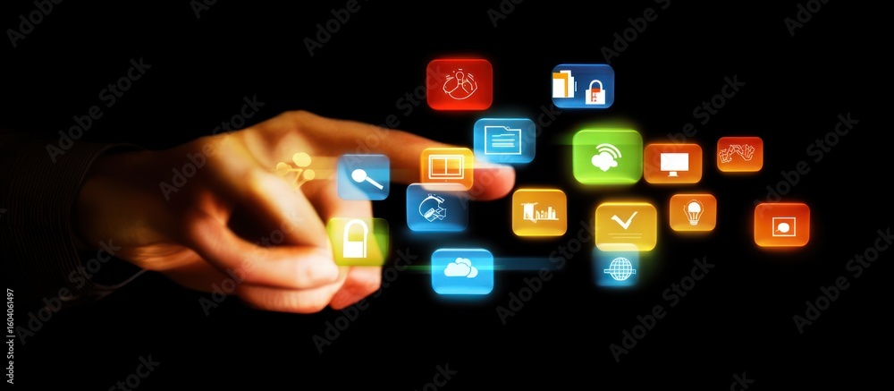 Poster hand interacting with colorful application icons on a digital screen