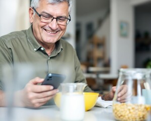 Smiling senior man enjoys breakfast while using smartphone.