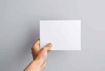 Fototapeta premium A hand gently cradles a blank piece of paper against a neutral gray backdrop, document, paper