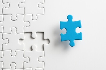 Obraz premium Blue Puzzle Piece About to Fit Into a Blank Spot in a White Puzzle on a Light Background, Symbolizing Problem Solving and Completion