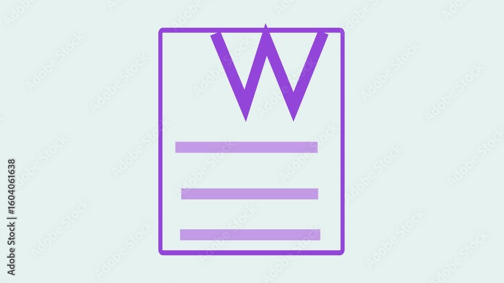Poster animated document icon with bold w text overlay. clean motion graphic representing word files, writi