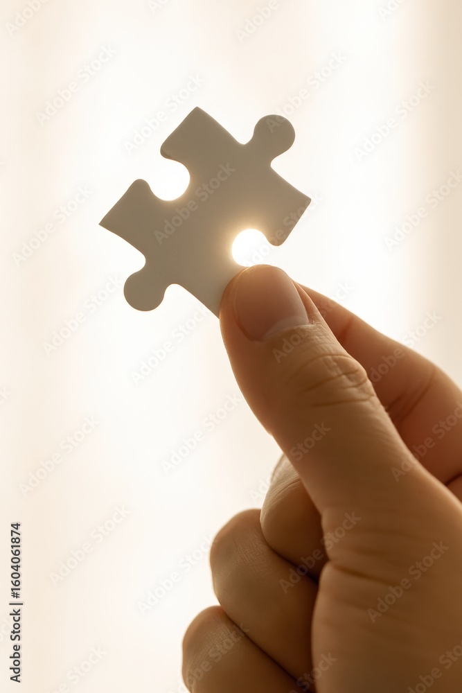 Poster hand holding a white puzzle piece with light behind creating a symbol of connection and completeness