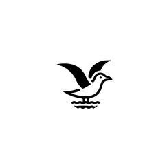 Obraz premium A minimalist black and white illustration of a seagull perched above a small set of stylized waves graphic