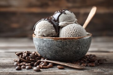 Coffee ice cream in ceramic cup with vintage spoon and beans