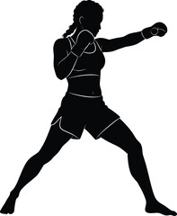 Silhouette of a Female Muay Thai Fighter in Action Isolated on White Background