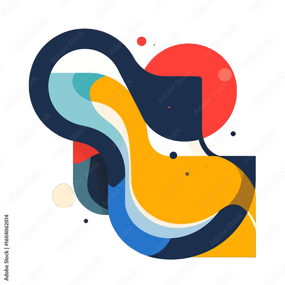 Poster dynamic abstract art with overlapping geometric forms, flowing lines, and a bold primary color palet