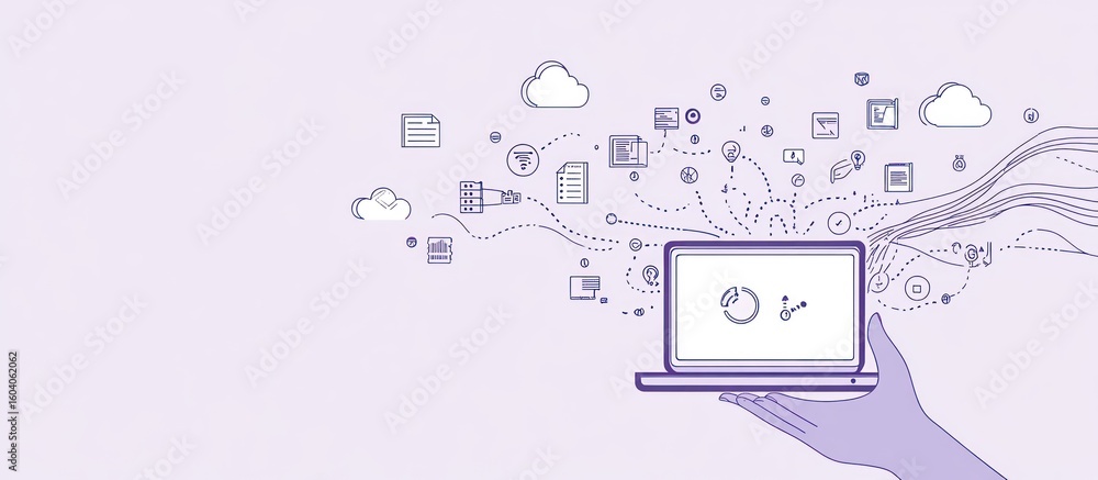 Poster hand holding laptop with cloud computing and data transfer icons