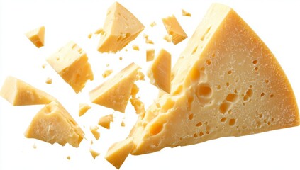 Flying pieces of parmesan cheese are set against a clean white background