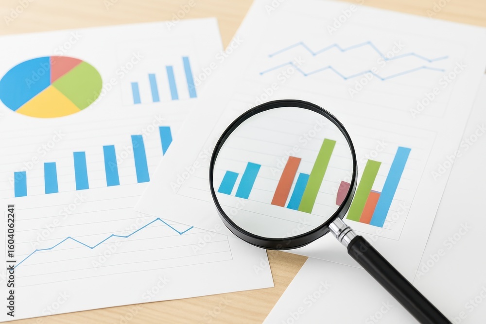 Poster close-up view of magnifying glass on business reports and graphs analyzing data for financial insigh