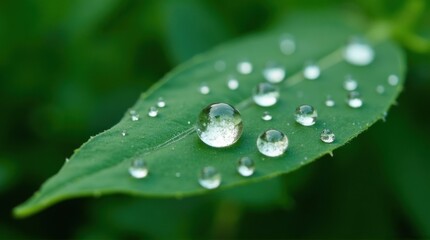 Detailed close-up shows water droplets clinging to the vibrant green surface of a leaf outdoors.