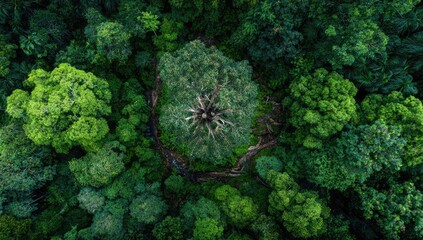 High-angle view of a large tree in a lush green forest