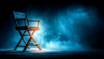 An empty chair intended for a director stands isolated on a dark blue background with swirling smoke