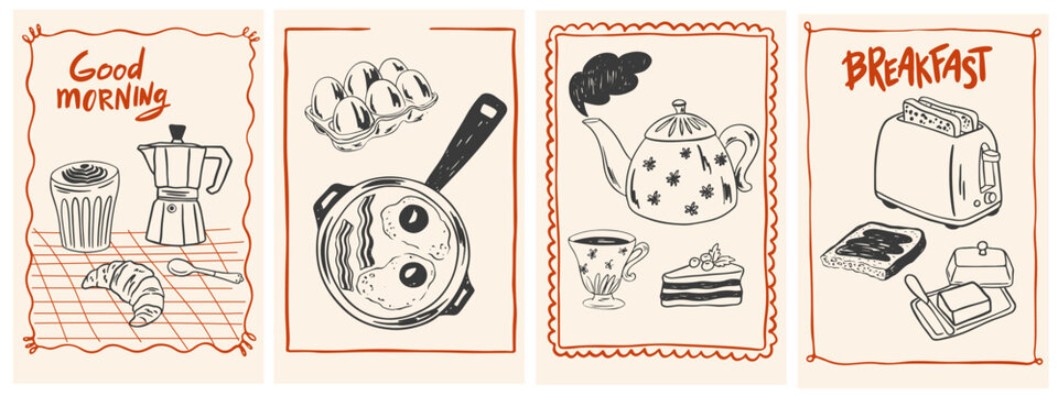 Hand drawn chalk breakfast posters. Vector illustration of food and coffee icons in crayon drawing style for invitations, menus, parties. La dolce vita minimalist line art for poster, placard, print
