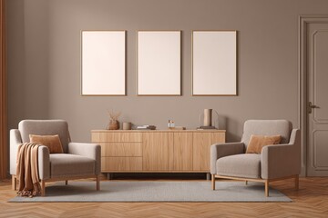 Beige living room with three framed prints