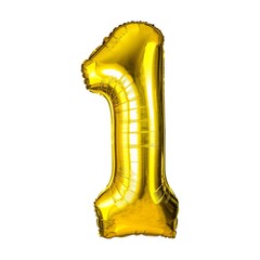 A shiny golden number one balloon isolated on a white background, ideal for first birthday...