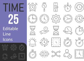Collection Of Modern Editable Thin Line Style Time And Clock Icons Set Related Timer, Stopwatch, Alarm And More On An Isolated Background