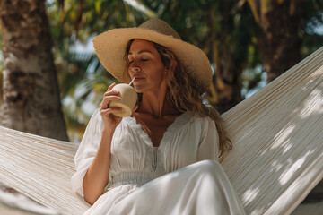 Woman Relaxing in Hammock with Coconut Water on a Tropical Beach