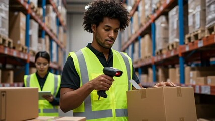 A warehouse worker in a safety vest scans a package with a barcode scanner among shelves of boxes - Powered by Adobe