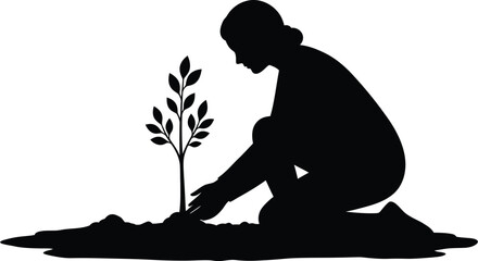 Silhouette of a Woman Planting a Tree Sapling Symbolizing Growth and Environmental Stewardship