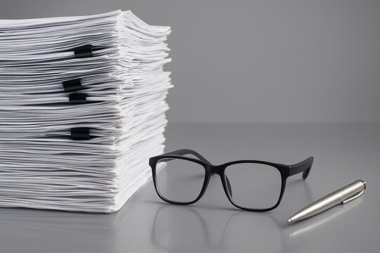 Stacked Paperwork with Black Glasses and Silver Pen on a Gray Surface, Office Supplies for Business and Work Environment