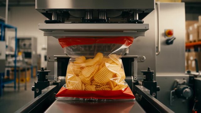 Wideangle view of automated snack packaging machines sealing bags of freshly cooked chips.