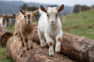 Playful Baby Goats Jumping on Wooden Logs in a Sunny Rural Pasture