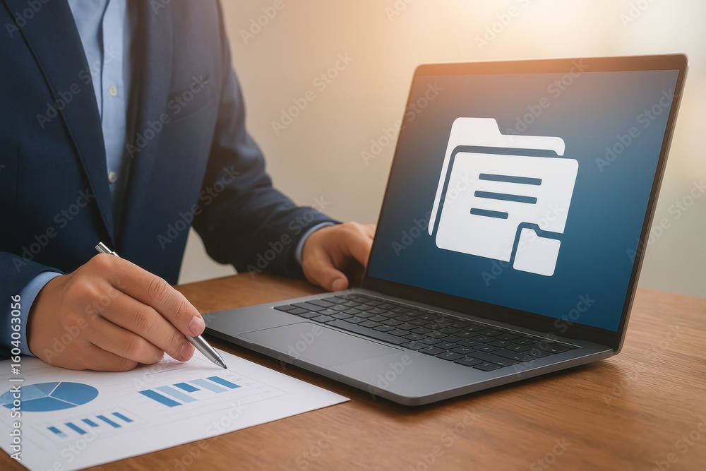 Poster business professional analyzing data on laptop with graphs and charts in modern office setting