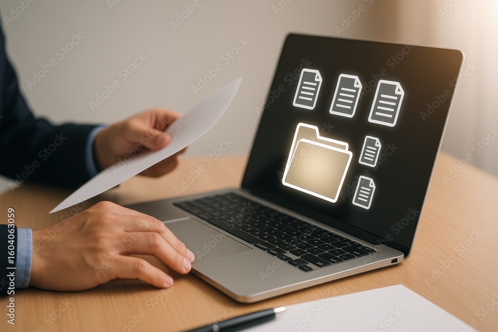 Poster business professional analyzing documents on laptop screen with virtual files and folders while hold