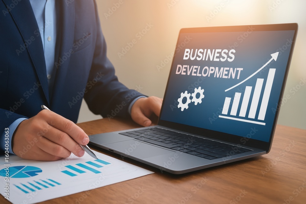 Aufkleber professional man analyzing business development data on laptop with growth chart and graphs in offic