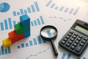 Obraz premium Colorful building blocks demonstrate growth trends in financial graphs, accompanied by a calculator and magnifying glass for detailed analysis and assessment