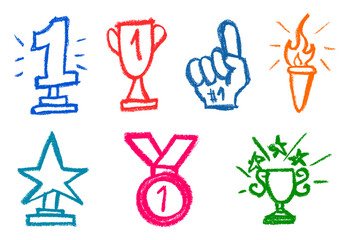 Medal Winning Number One Related Icons Crayon Chalk Drawing Doodle Vector Set