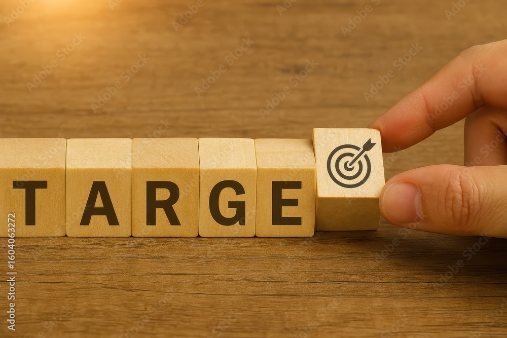 Aufkleber hand placing target block in front of word target on wooden desk background symbolizing goal achieve